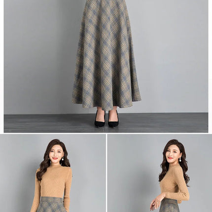 New Women Thick Woolen Skirt Autumn Winter Fashion Elastic High Waist A-Line Long Plaid Skirt Elegant Easy Match Wool Skirt PlatiNum