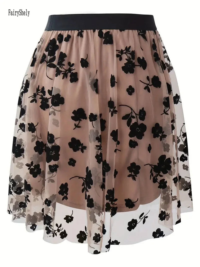 Fairyshely Women's Sexy Pink Mesh Pleated Mini Skirt, High-Waisted Club Short Skirt, Y2K Gothic Style, Floral A-Line Skirt, Summer 2026 Collection