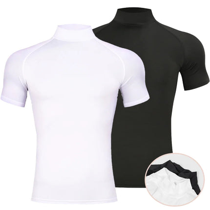 Mens Bodybuilding Sports Tight T-shirt Summer Compression Turtleneck Short Sleeve Gym Fitness Running Quick Dry Male Workout Top PlatiNum
