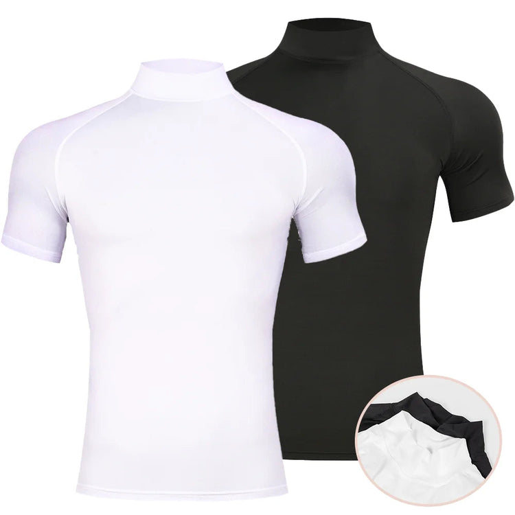 Mens Bodybuilding Sports Tight T-shirt Summer Compression Turtleneck Short Sleeve Gym Fitness Running Quick Dry Male Workout Top PlatiNum