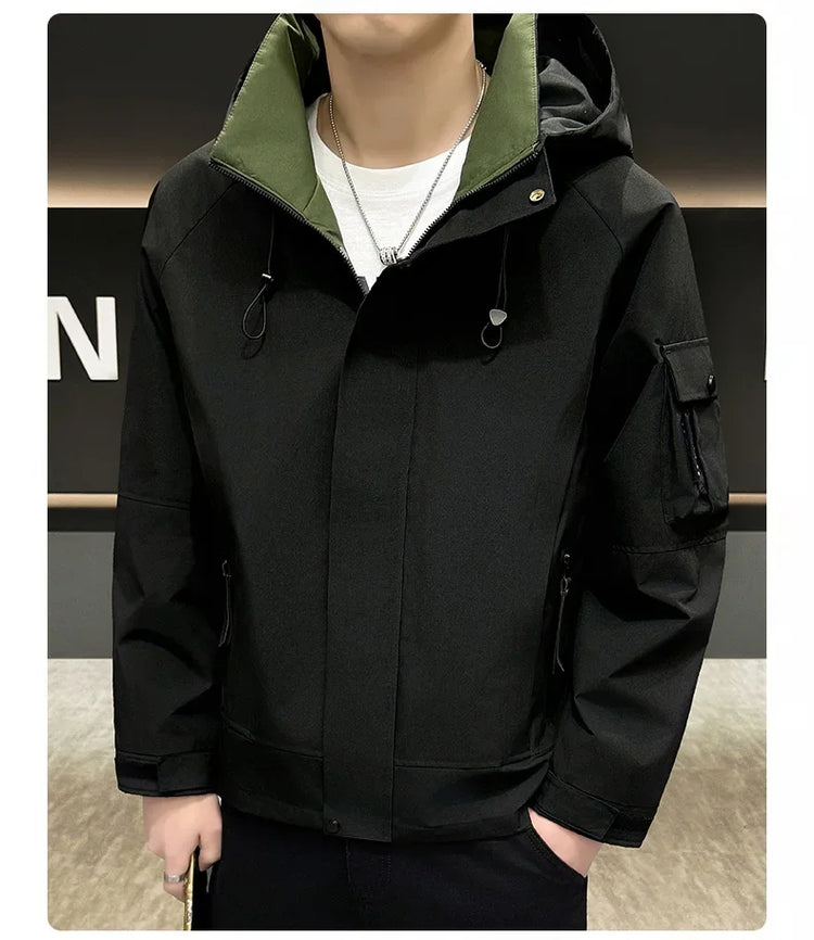 New Men's Fashion Casual Jackets Hooded Solid Zipper Pockets Camping Jackets Spring Autumn Brand Male Outdoor Sport Windbreaker