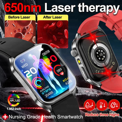2026 Nuovo 650nm Terapia Laser Grassi nel sangue Acido urico Pressione sanguigna Smart Watch ECG + PPG Preciso Monitor di salute Smartwatch per gli uomini platinumshop