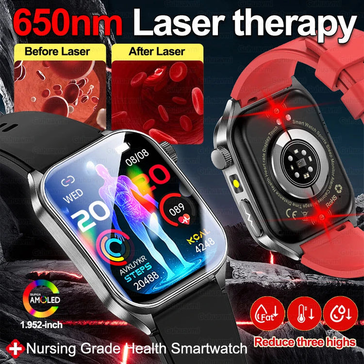 2026 Nuovo 650nm Terapia Laser Grassi nel sangue Acido urico Pressione sanguigna Smart Watch ECG + PPG Preciso Monitor di salute Smartwatch per gli uomini platinumshop