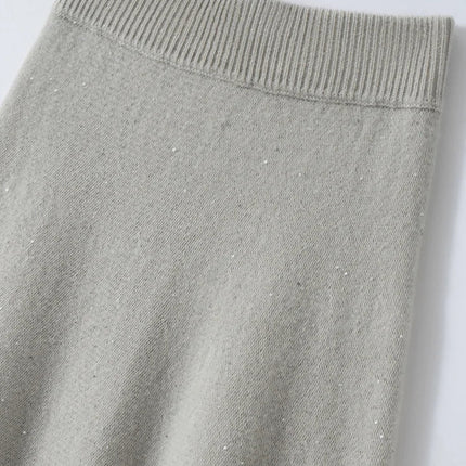 Chic Women Sweater Suite Skirt 100% Cashmere A-Line Skirt Autumn Winter Wave Skirt Elastic Knee Length Dress Sequins French Knit PlatiNum