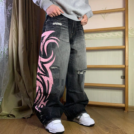 Women's Denim Jeans Wide Leg Long Pants High Waist Straight Hole Pants Y2k Streetwear Print Mom Jeans Casual Loose 2025