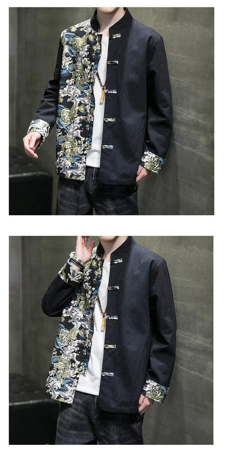 Camicie da uomo ricamate 2026 primavera stile cinese retrò colletto alla coreana giacca in cotone e lino cardigan da uomo Kungfu allentato casual Top