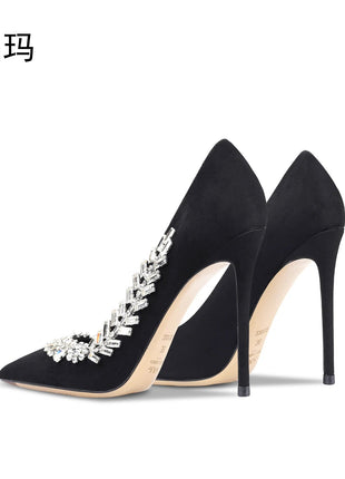 Scarpe da donna di lusso 2024 nuove pompe da donna in cristallo nero scamosciato scarpe a punta con strass tacchi alti moda Stiletto luxury Party Wo platinumshop