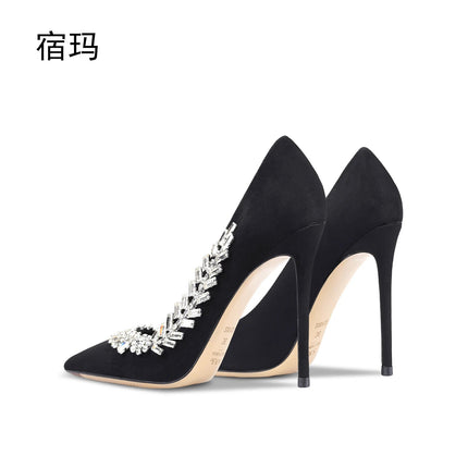 Scarpe da donna di lusso 2024 nuove pompe da donna in cristallo nero scamosciato scarpe a punta con strass tacchi alti moda Stiletto luxury Party Wo platinumshop