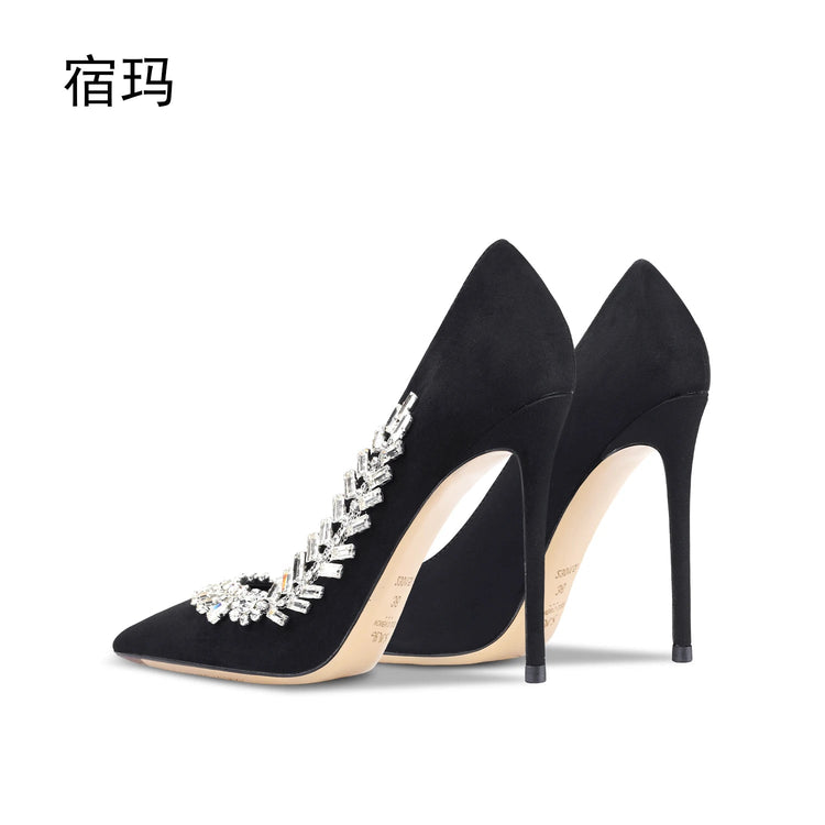 Scarpe da donna di lusso 2024 nuove pompe da donna in cristallo nero scamosciato scarpe a punta con strass tacchi alti moda Stiletto luxury Party Wo platinumshop