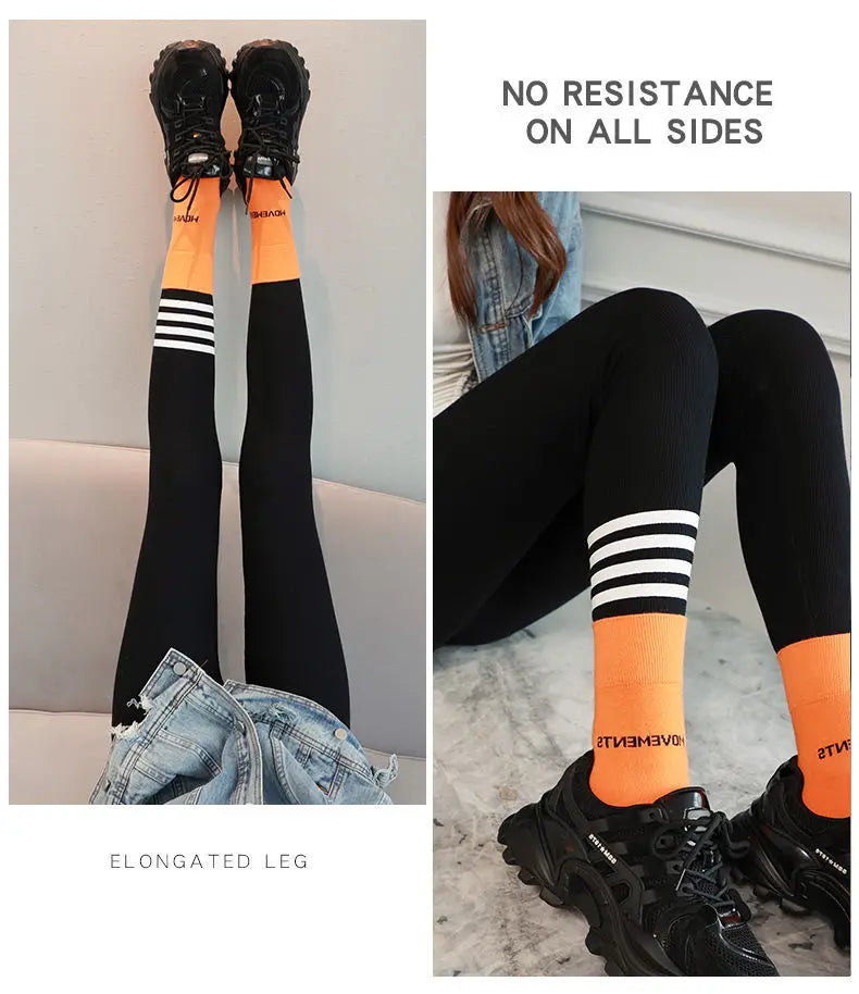 Autumn Winter Warm Thick Cotton Leggings for Women Fleece Lined Slim Fit Thermal Pants with Four Stripe Design
