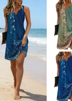 Abiti Estivi da Donna alla Moda, Vestiti Bohémien Senza Maniche, Abiti Casual con Scollo a V per Vacanze e Spiaggia platinumshop