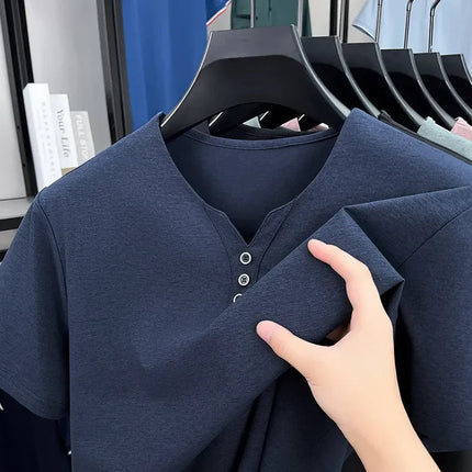 New Men's Casual and Fashionable Three Button V-neck Solid Color Short Sleeved T-shirt Summer Versatile Top PlatiNum