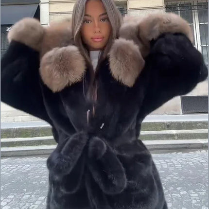 Casual Patchwork Faux Fur Collar Women's Coat Lace Up Pockets Thicken Lady Coats 2026 Autumn Winter Female Street Outerwear