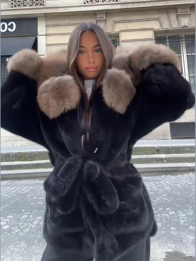 Casual Patchwork Faux Fur Collar Women's Coat Lace Up Pockets Thicken Lady Coats 2026 Autumn Winter Female Street Outerwear