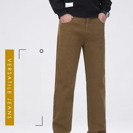 Men Straight Fit Jeans Autumn Elastic Soft Comfortable Solid Color Denim Pants Classic Fashion Casual Long Trousers Daily Wear
