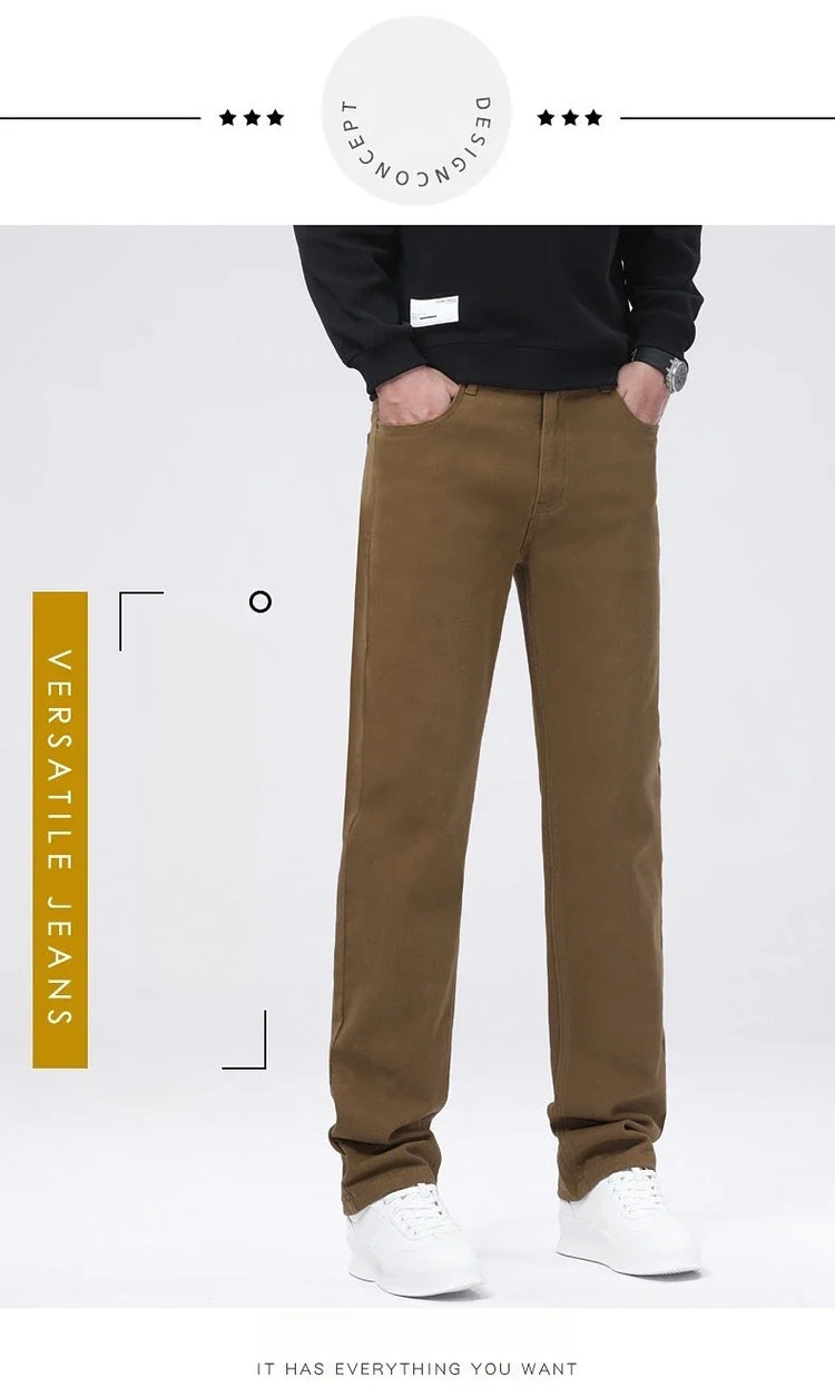 Men Straight Fit Jeans Autumn Elastic Soft Comfortable Solid Color Denim Pants Classic Fashion Casual Long Trousers Daily Wear