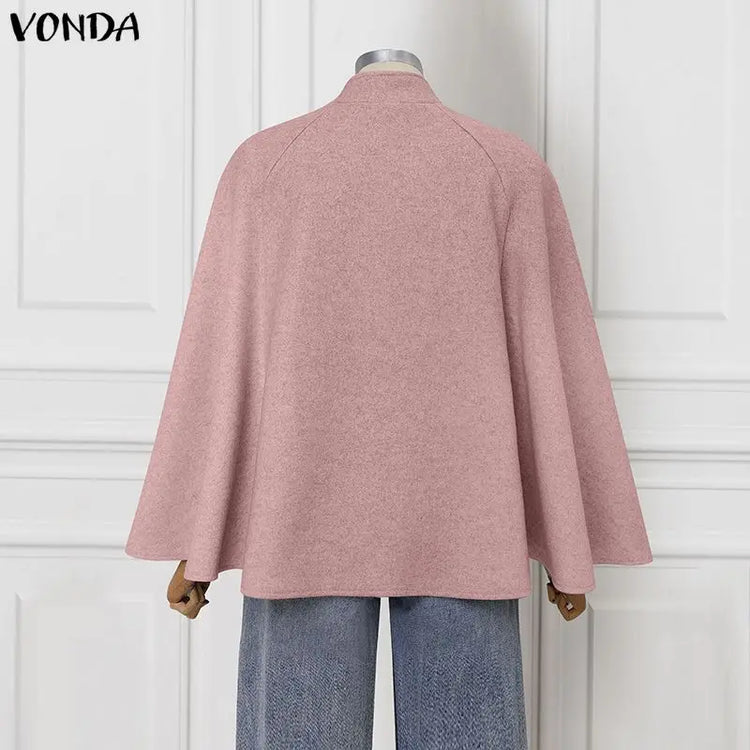 VONDA Autumn Women Capes Elegant Stand Collar Thin Cape Coat Solid Button Poncho OL Work Tops Office Streetwear Party Jackets