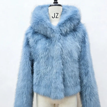 BKQU Winter Pink Imitation Fur Coat Elegant Big Fur Trim Hood Women's Jacket Warm Plush Cropped Sweet Lady Faux Fur Coat  2026