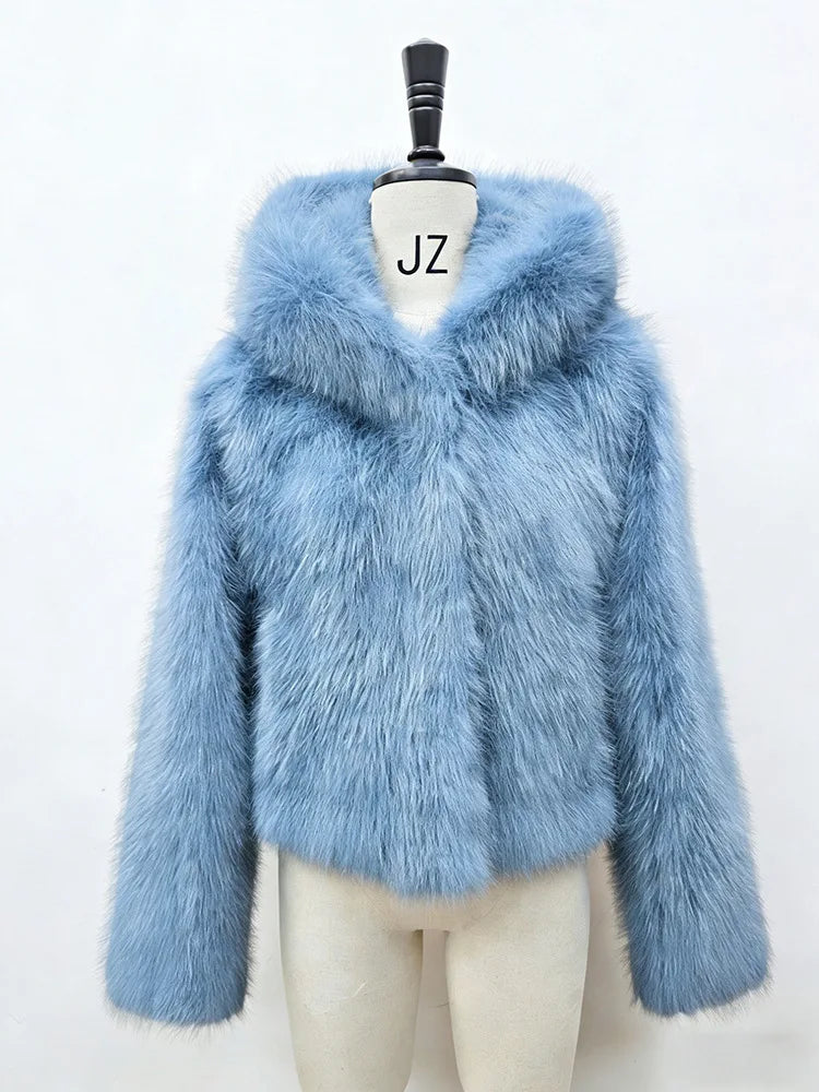 BKQU Winter Pink Imitation Fur Coat Elegant Big Fur Trim Hood Women's Jacket Warm Plush Cropped Sweet Lady Faux Fur Coat  2026