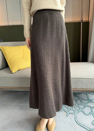 100% Cashmere Skirt Women's Mid-calf Dress Herring Bone High Waist High-end Versatile Knitted Skirt Autumn Winter Office Lady PlatiNum