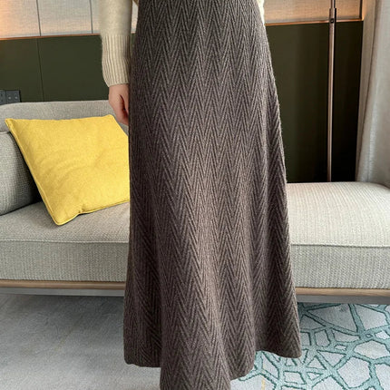 100% Cashmere Skirt Women's Mid-calf Dress Herring Bone High Waist High-end Versatile Knitted Skirt Autumn Winter Office Lady PlatiNum