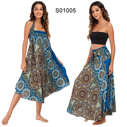 Boho Gonne Donna Rayon Beach Abito lungo Estate Bohemian Jupe Longue Femme Elastico in vita Stampa Fasciatura floreale Halter Hippie platinumshop