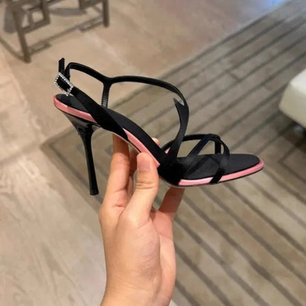 Satin Color Block Stiletto Fashionable High Heels with One Belt 2026 New Summer Sexy Temperament Versatile Sandals PlatiNum