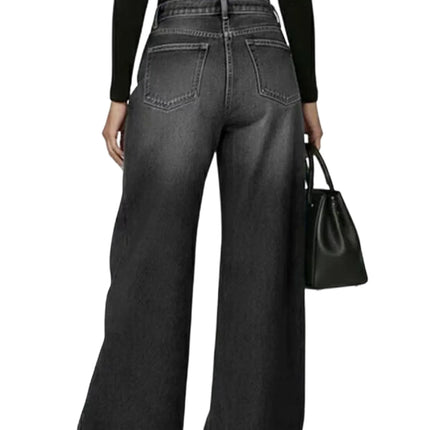 Jeans da Donna a Gamba Larga, Vita Media, con Dettagli Traforati, Effetto Vintage, Stile High Street, Eleganti, da Lavoro, Casual, Pantaloni Dritti
