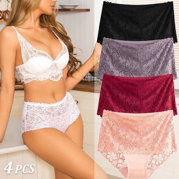 4PCS/SET Women's Sexy Lace Panty Hollow Out High Waist Women's Briefs Breathable Comfortable Underwear Plus Size Women Lingerie