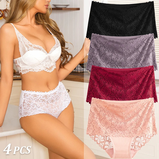 4PCS/SET Women's Sexy Lace Panty Hollow Out High Waist Women's Briefs Breathable Comfortable Underwear Plus Size Women Lingerie