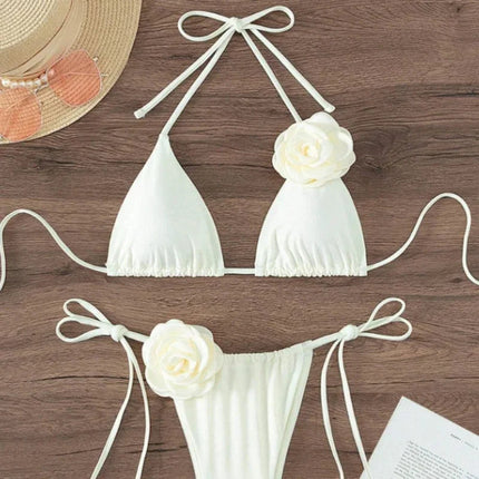 Bikini Sexy con Fiori 3D e Lacci Sulla Schiena, Costume da Bagno Femminile Due Pezzi, Set Bikini, Abbigliamento da Spiaggia, Taglie S-L PlatiNum