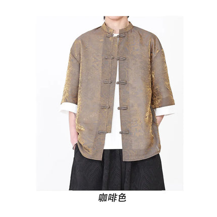 Camicia da Uomo di Lusso con Sfumature Colorate, Jacquard a Maniche Corte, Stile Cinese Tradizionale, Fresca per l'Estate, in Seta Ghiaccio