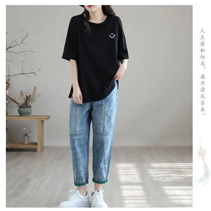 Jeans Strappati a Nove Punti da Donna, Nuovi Pantaloni Harem Casual Sottili con Vita Elastica, Lunghi alla Caviglia, in Denim, per l'Estate 2026
