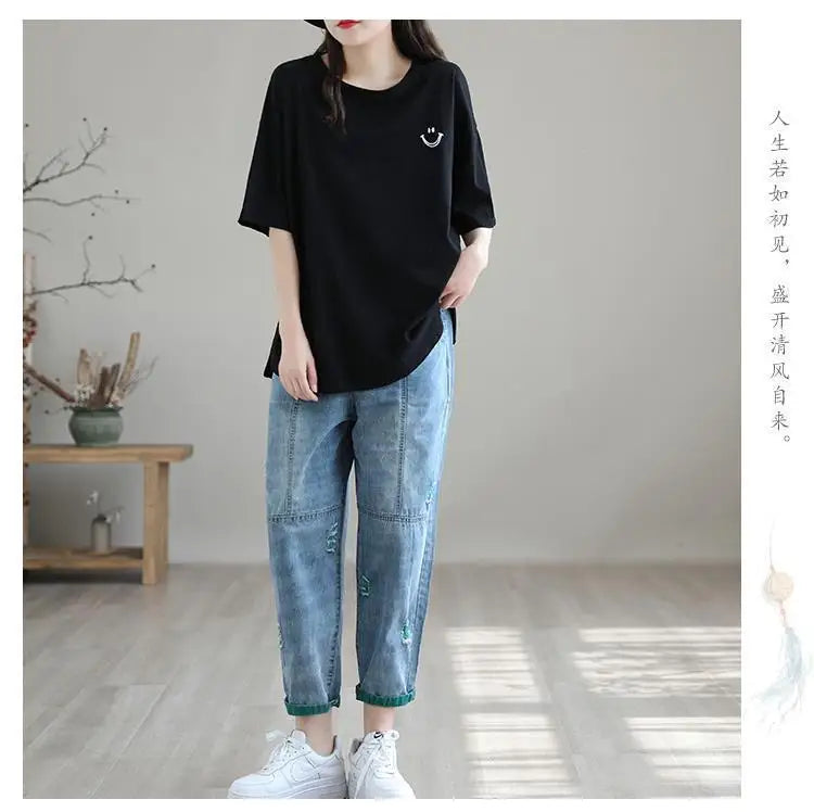 Jeans Strappati a Nove Punti da Donna, Nuovi Pantaloni Harem Casual Sottili con Vita Elastica, Lunghi alla Caviglia, in Denim, per l'Estate 2026