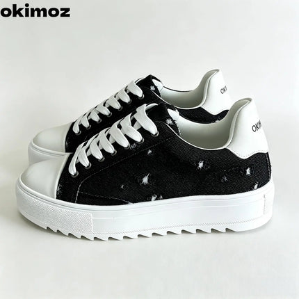 Okimoz Men Height Increasing Distressed Ripped Platform Canvas Sneakers Autumn Winter Low Top Lace Up Casual Campus Daily Skate