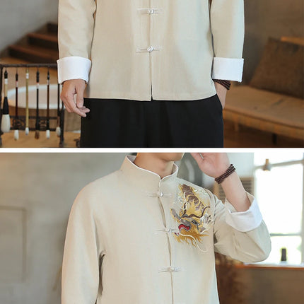 Camicie da Uomo a Maniche Lunghe in Stile Cinese, Ricamate, per Kung Fu e Tai Chi, Cardigan Retrò in Lino, Abito Tradizionale Tang, Top Tradizionale da Uomo