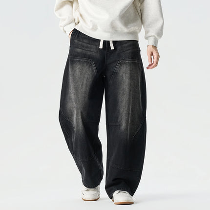 Jeans da Uomo Primavera 2026, Pantaloni in Denim Vintage con Vita Elastica, Jeans Neri da Uomo, Stile Harajuku Hip Hop, Pantaloni Larghi in Cotone Oversize