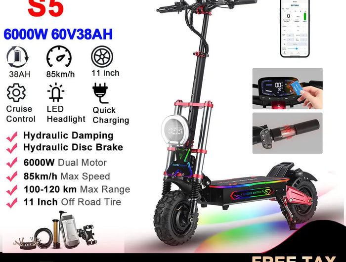 Monopattino Elettrico BOYUEDA S5 6000W Doppio Motore 60V38AH Autonomia 120KM Velocità 85KM/H NFC App Intelligente Luci RGB Ruote da 11 Pollici Fuoristrada per Adulti platinumshop