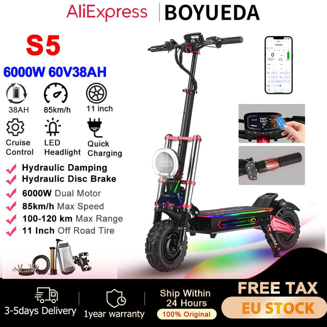 BOYUEDA S5 6000W Scooter Elettrico Doppio Motore 60V38AH 120KM Gamma 85KM/H NFC Smart App Luci RGB 11 Pollici Fuoristrada Per Adulti EScooter