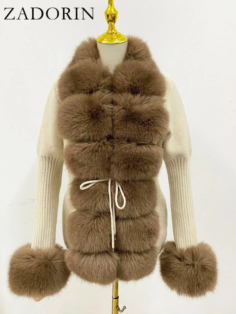 ZADORIN 2026 Chic Fur Cardigan Knitted Sweater Luxury Detachable Faux Fur White Pink Black Sweaters Cardigans Woman Tops Clothes