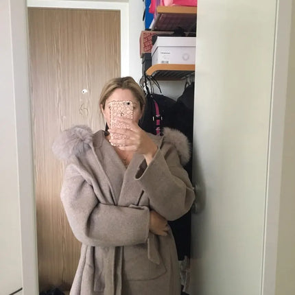 OFTBUY Omen Double Face Wool Coat Natural Fur Coat Wool Blend Jacket Winter Warm Elegant Long Sleeve Fur Cuffs Fashion Outerwear