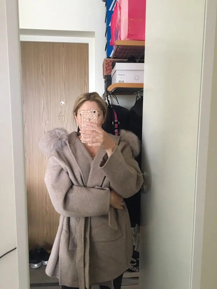 OFTBUY Omen Double Face Wool Coat Natural Fur Coat Wool Blend Jacket Winter Warm Elegant Long Sleeve Fur Cuffs Fashion Outerwear