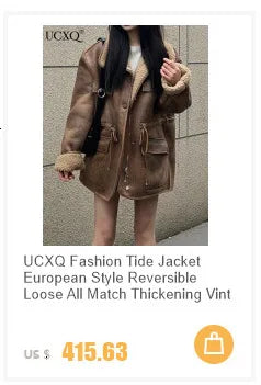 UCXQ Elegant Woolen Coat Temperament Office Lady Overcoats Fur Patchwork Long Sleeve Beautiful Women's Coats 2025 Winter New