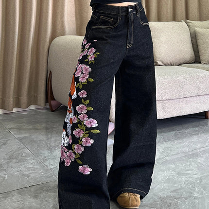 1 paio di jeans larghi vintage americani con ricamo di tigre e fiori, pantaloni neri a gamba larga stile street hip-hop da donna