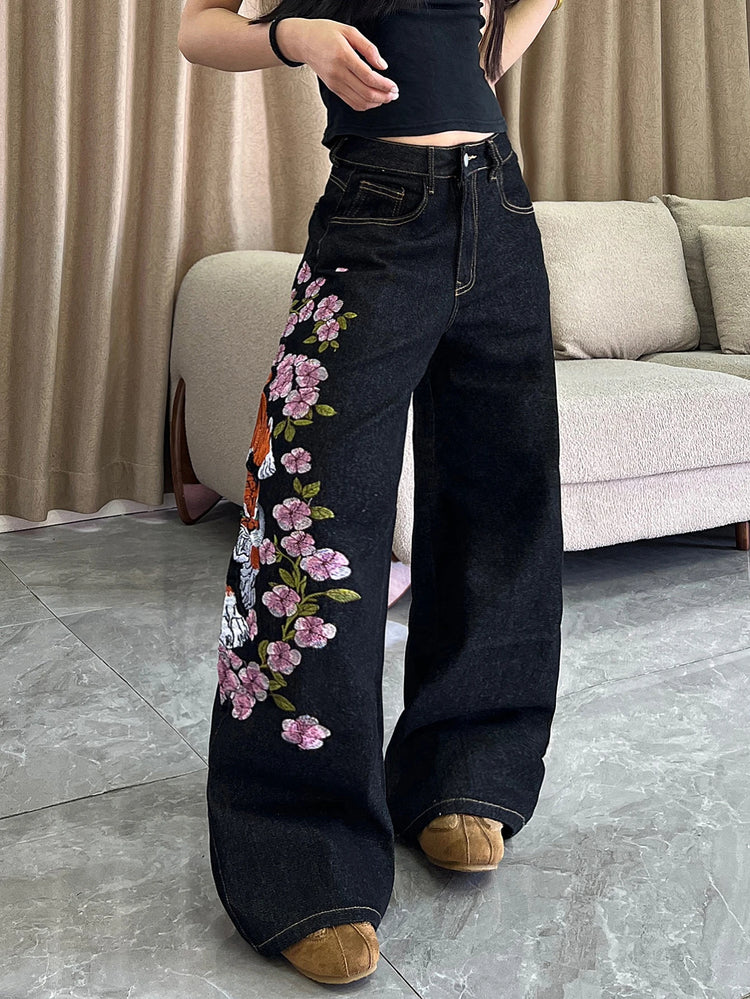 1 paio di jeans larghi vintage americani con ricamo di tigre e fiori, pantaloni neri a gamba larga s
