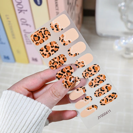 16Tips Semi Cured Leopard Print Gel Nail Stickers Chic Maillard Color Nail Strips Patch Self-adhesive UV Lamp Need Press On Nail