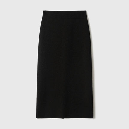 Birdtree,90.3% Sheep Wool 5.8% Cashmere Knitted Skirt,Woman Elastic Waist Straight Skirts,Autumn Rear Slit Maxi Skirt D5O728JF PlatiNum