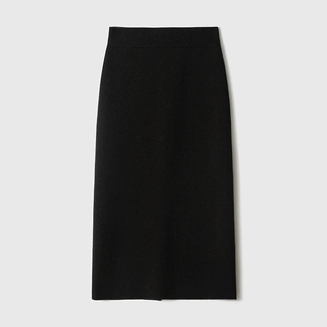 Birdtree,90.3% Sheep Wool 5.8% Cashmere Knitted Skirt,Woman Elastic Waist Straight Skirts,Autumn Rear Slit Maxi Skirt D5O728JF PlatiNum
