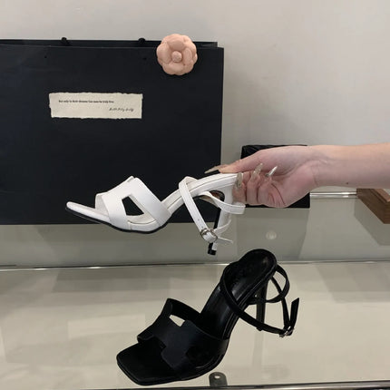 Alionly 2026 New Summer Fashion Open Toe Sandals Women Metal Buckle Narrow Band Thin Low Heel Gladiator Party Shoes