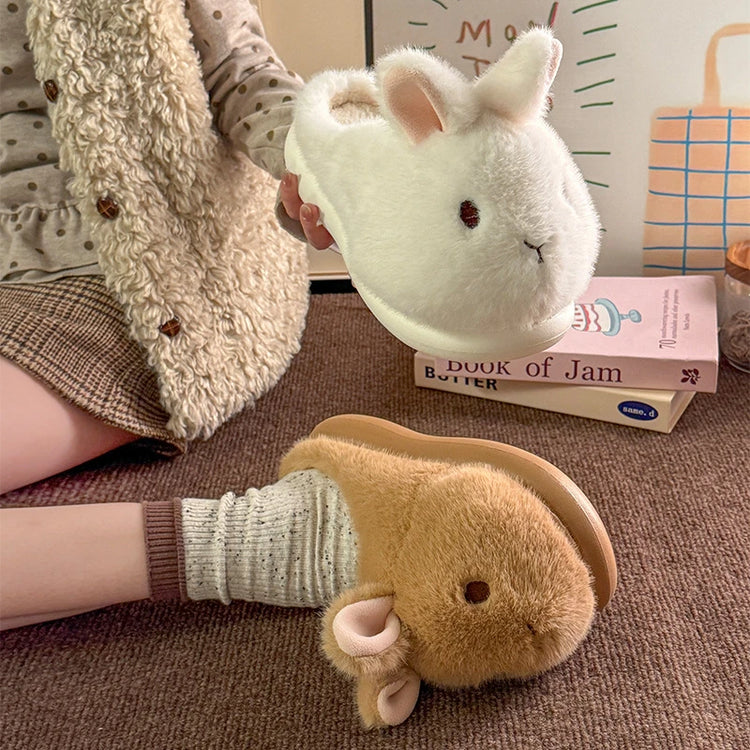 Novelty Cartoon Rabbit Slippers For Women Upright Ear Bunny Fluffy Plush Mules Woman Warm Full Back Home Slippers Winter Shoes